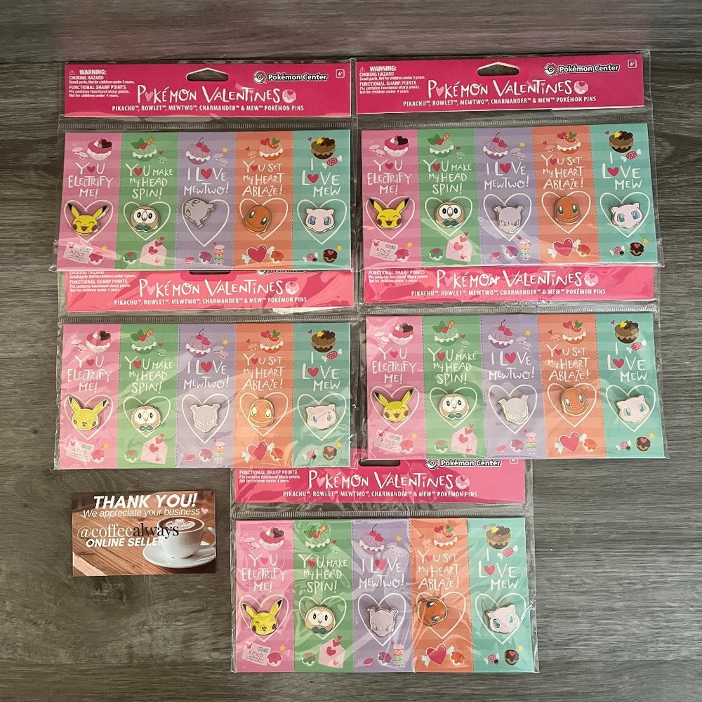 Lot of 5 Pokemon Valentines Pins: Pikachu, Rowlet, Mewtwo, Charmander, Mew NWT